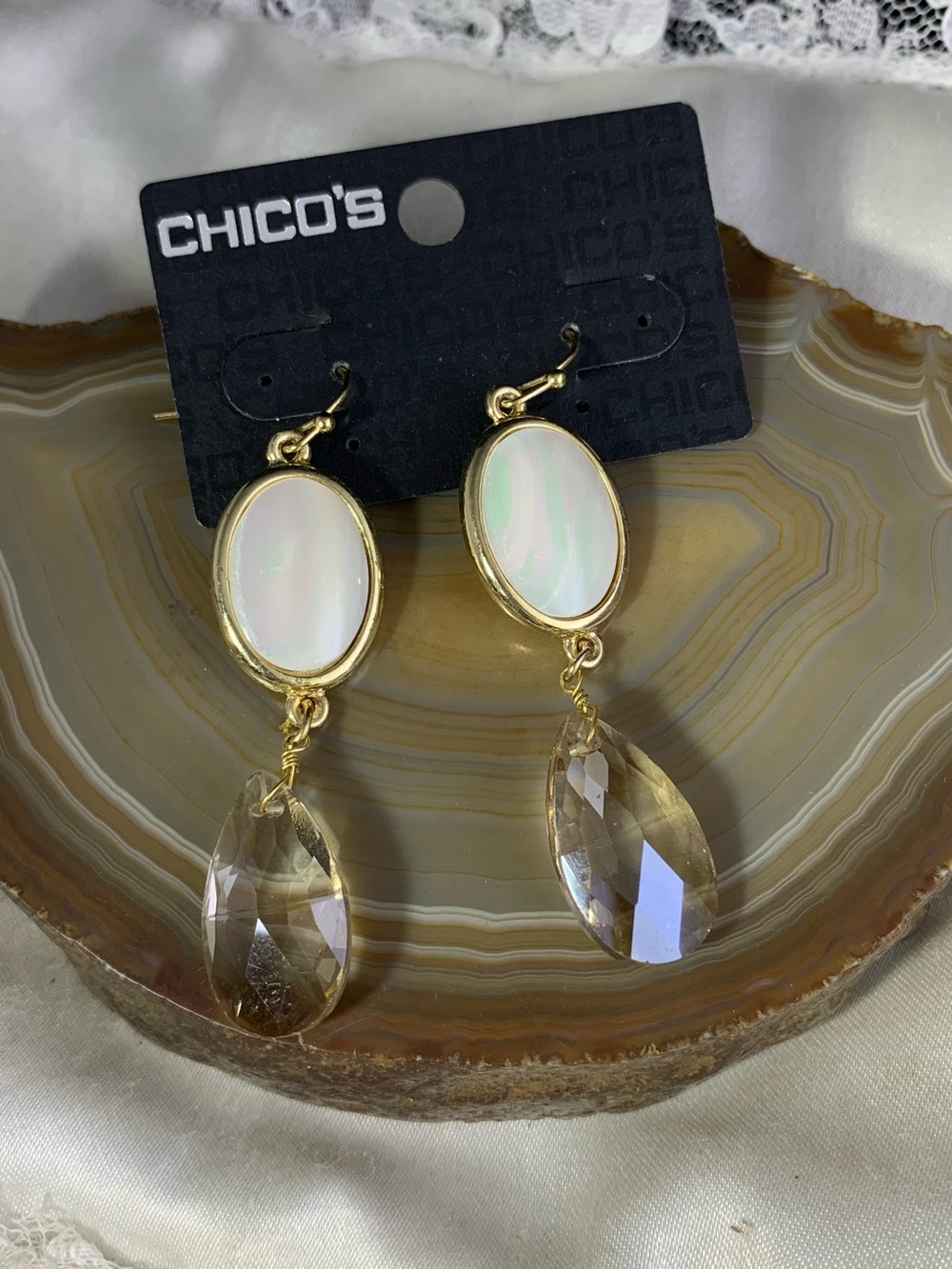 Chico's Gold Drop Earrings with Opalescent White Cabochon and Champagne Crystal